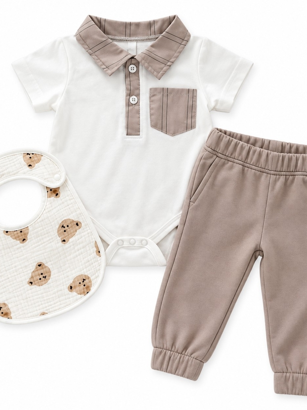 🤎 Baby Boy Neutral Polo Bodysuit, Jogger Pants & Teddy Bear Bib 3-Piece Set